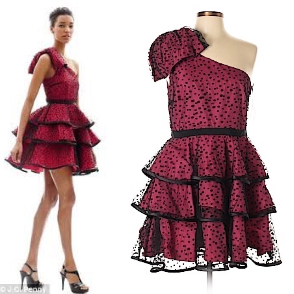 Pearl Georgina Chapman black & pink polkadot ruffle one shoulder Cocktail Dress